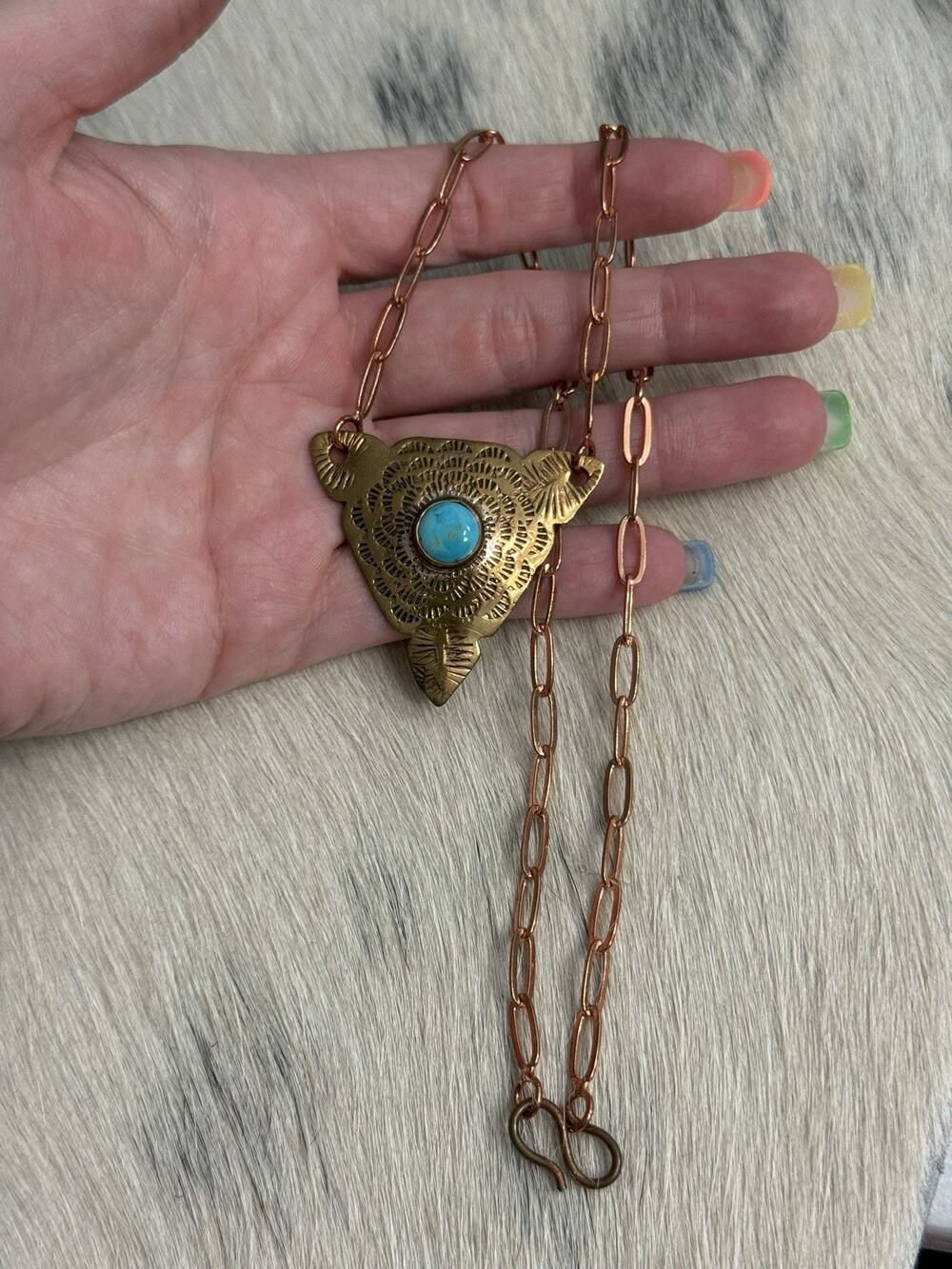 Copper & Blue Turquoise Single Stone Stamped Arrowhead Cow Head Necklace 20”